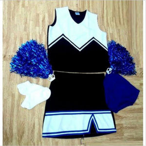 BLACK BLUE CHEERLEADER UNIFORM TOP SKIRT POMS MORE